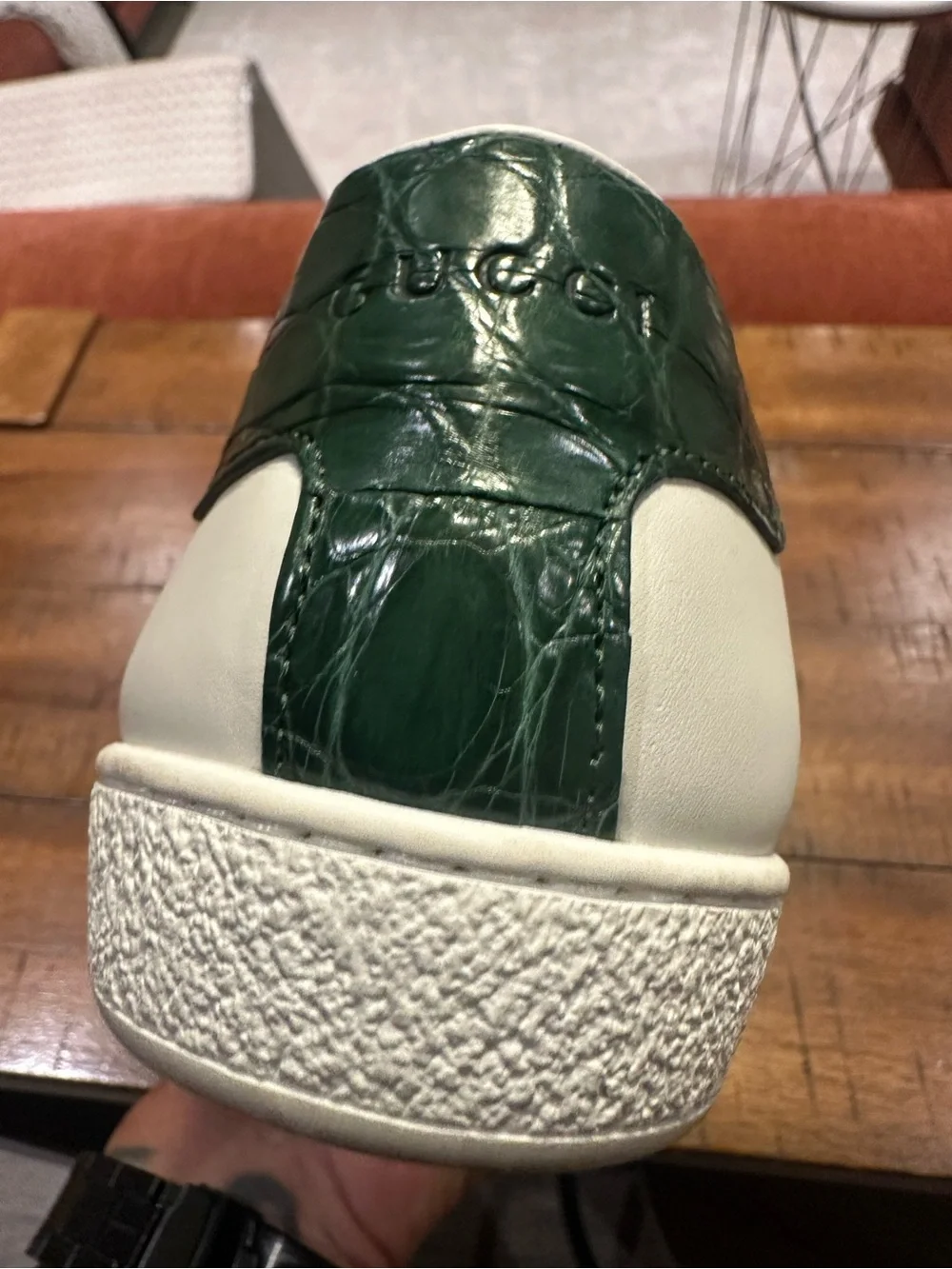Gucci White Leather Sneakers with Green & Red Stripe - Men